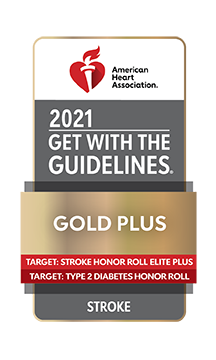 accreditation badge for Get With The Guidelines® Stroke: Gold Plus, Target: Stroke Elite Plus Honor Roll, Target: Type 2 Diabetes Honor Roll